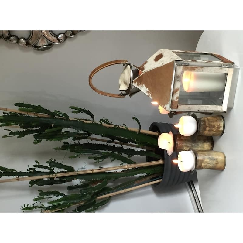Silver Metal Safari Lantern with Cowhide Accents