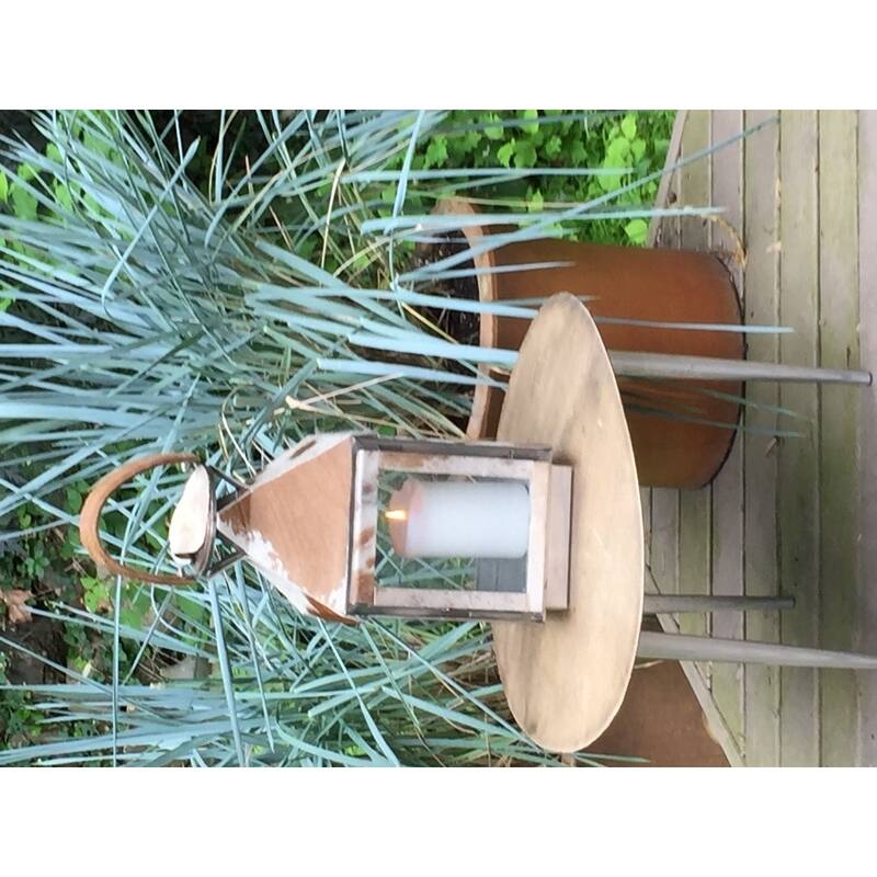 Silver Metal Safari Lantern with Cowhide Accents
