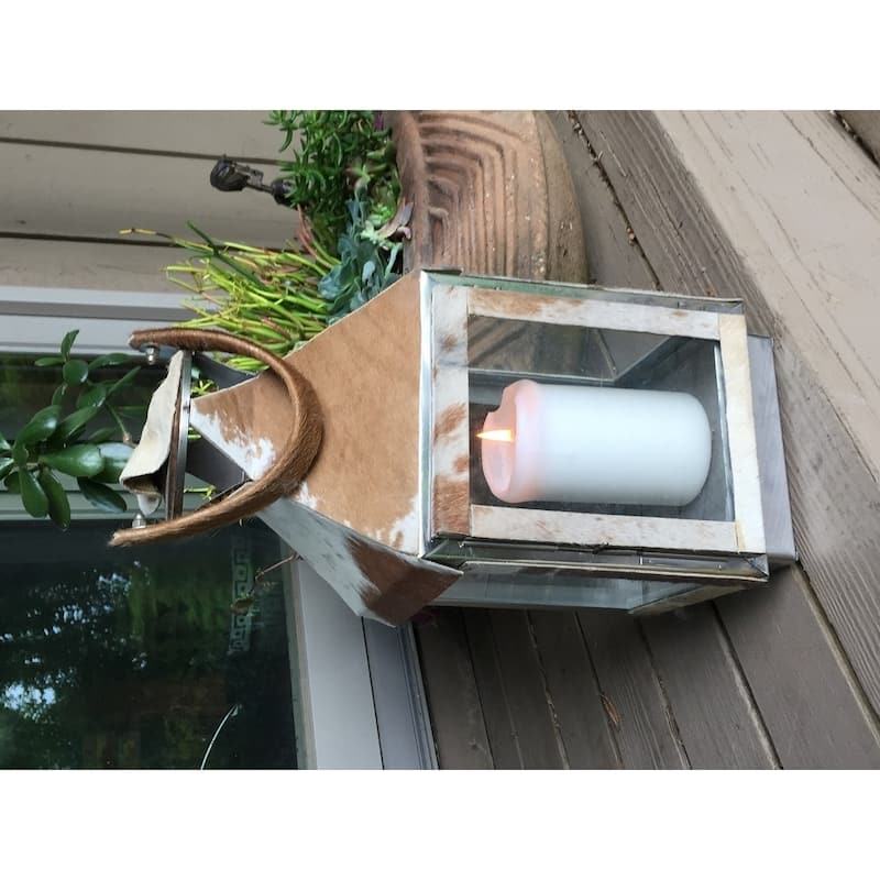 Silver Metal Safari Lantern with Cowhide Accents