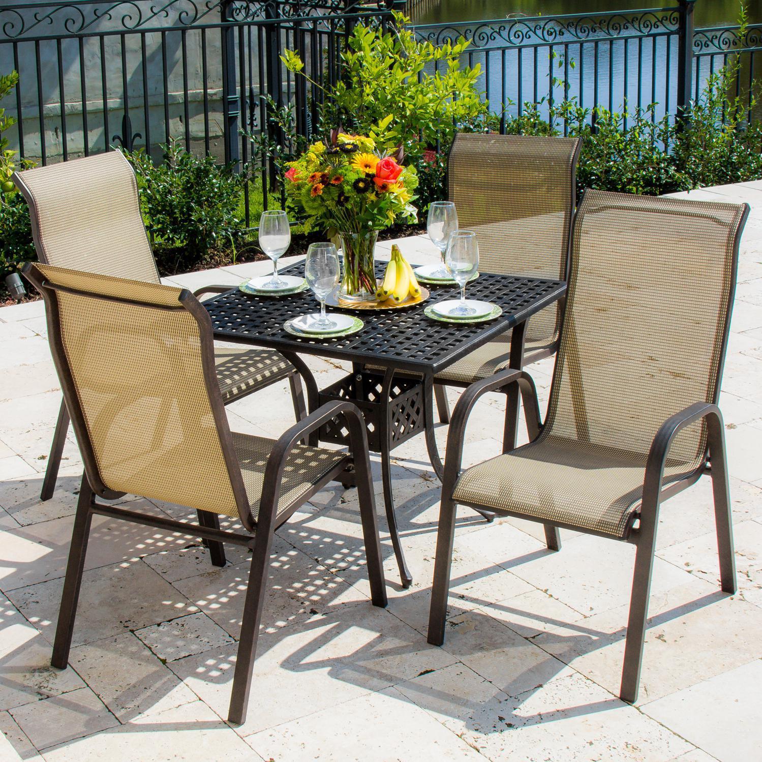 Shop Lakeview Outdoor Designs Madison Bay 4 Person Sling Patio Dining Set With Stacking Chairs And Cast Aluminum Table Overstock 10277014