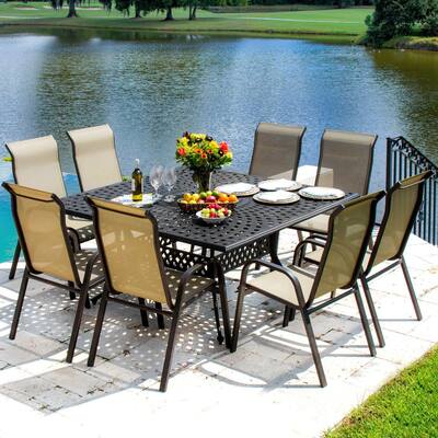 Lakeview Outdoor Designs Madison Bay 8-Person Sling Patio Dining Set With Stacking Chairs And Cast Aluminum Table