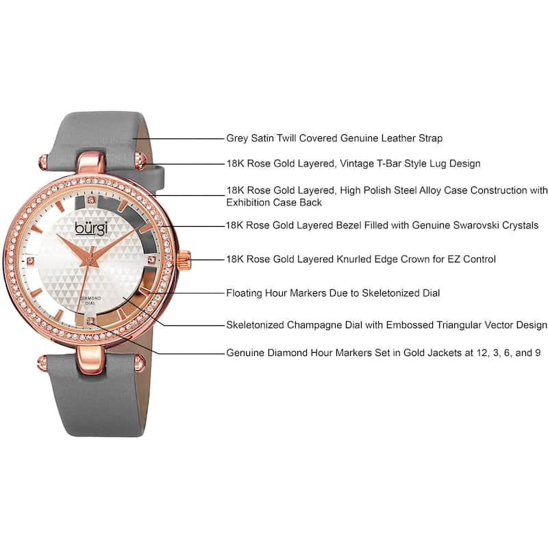Burgi Women's Quartz Diamond Satin Grey Strap Watch
