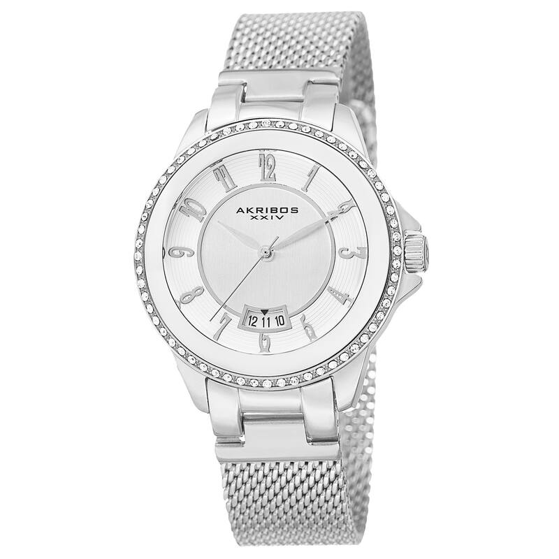 Akribos XXIV Men's Quartz Crystal Stainless Steel Silver-Tone Strap Watch - silver