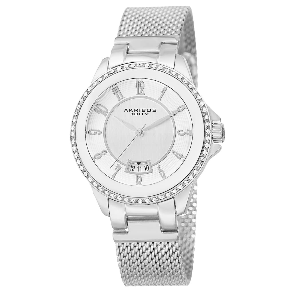 Akribos XXIV Men's Quartz Crystal Stainless Steel Silver-Tone Strap Watch - silver