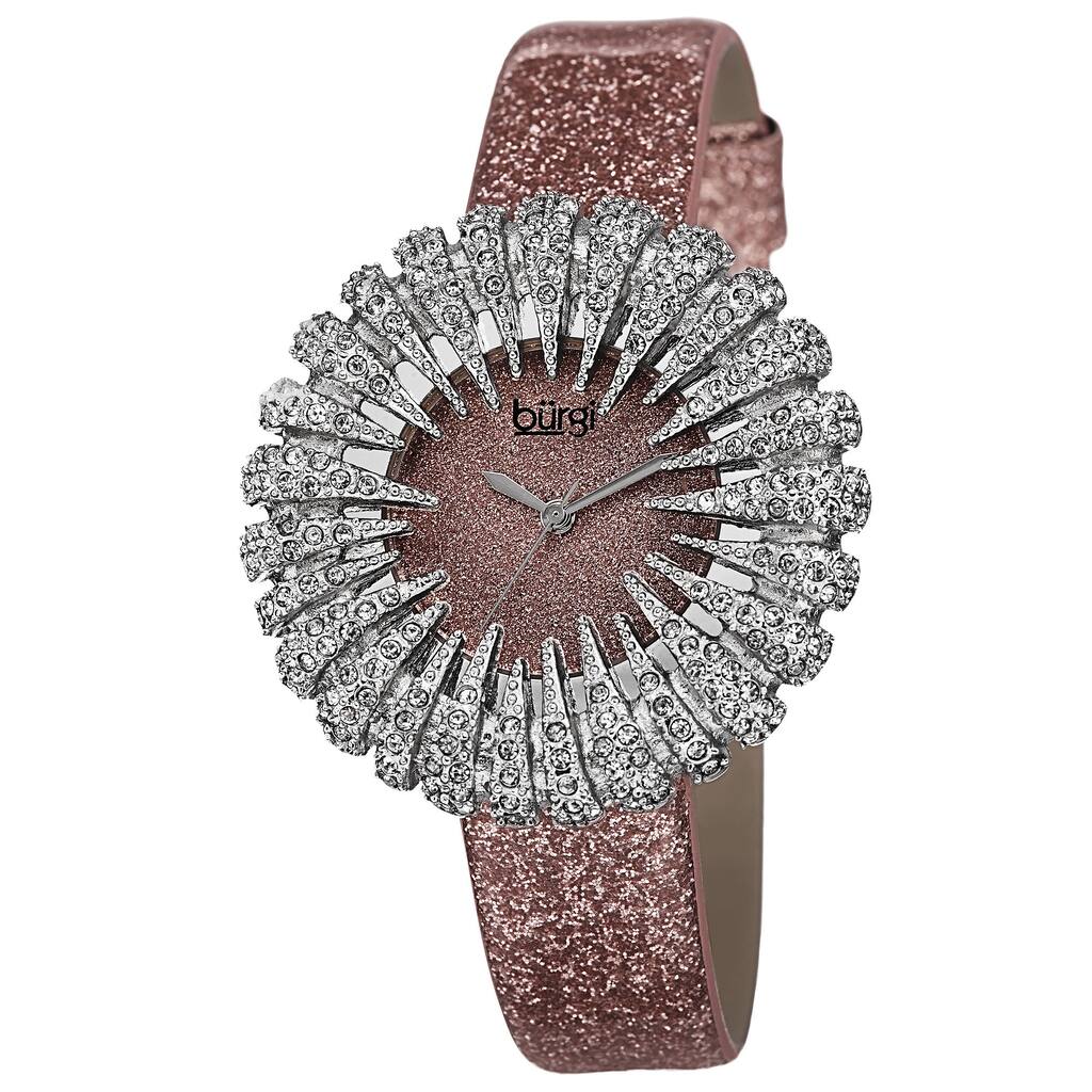 Burgi Women's Holiday-Style Quartz Sparkling Leather Strap Watch - Pink
