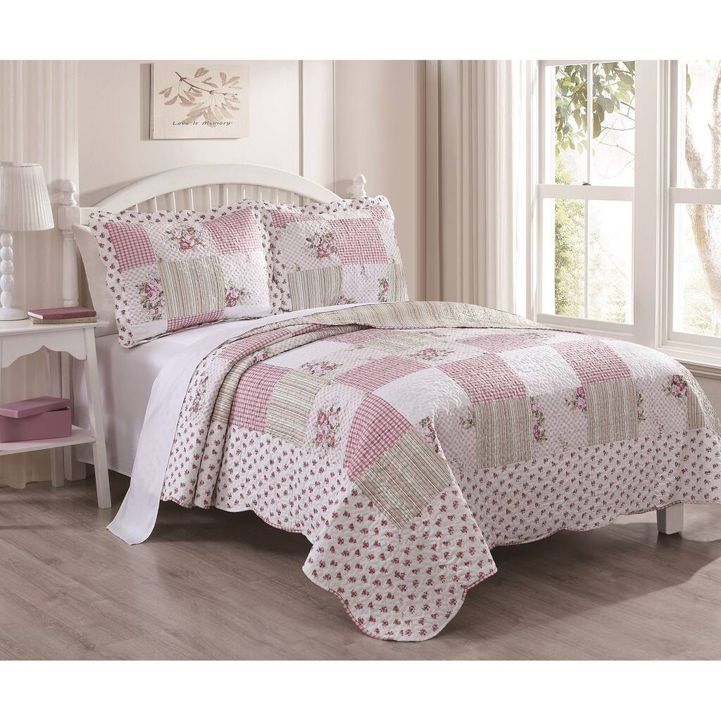 Tabitha Pink Roses Patchwork 3-piece Quilt Set