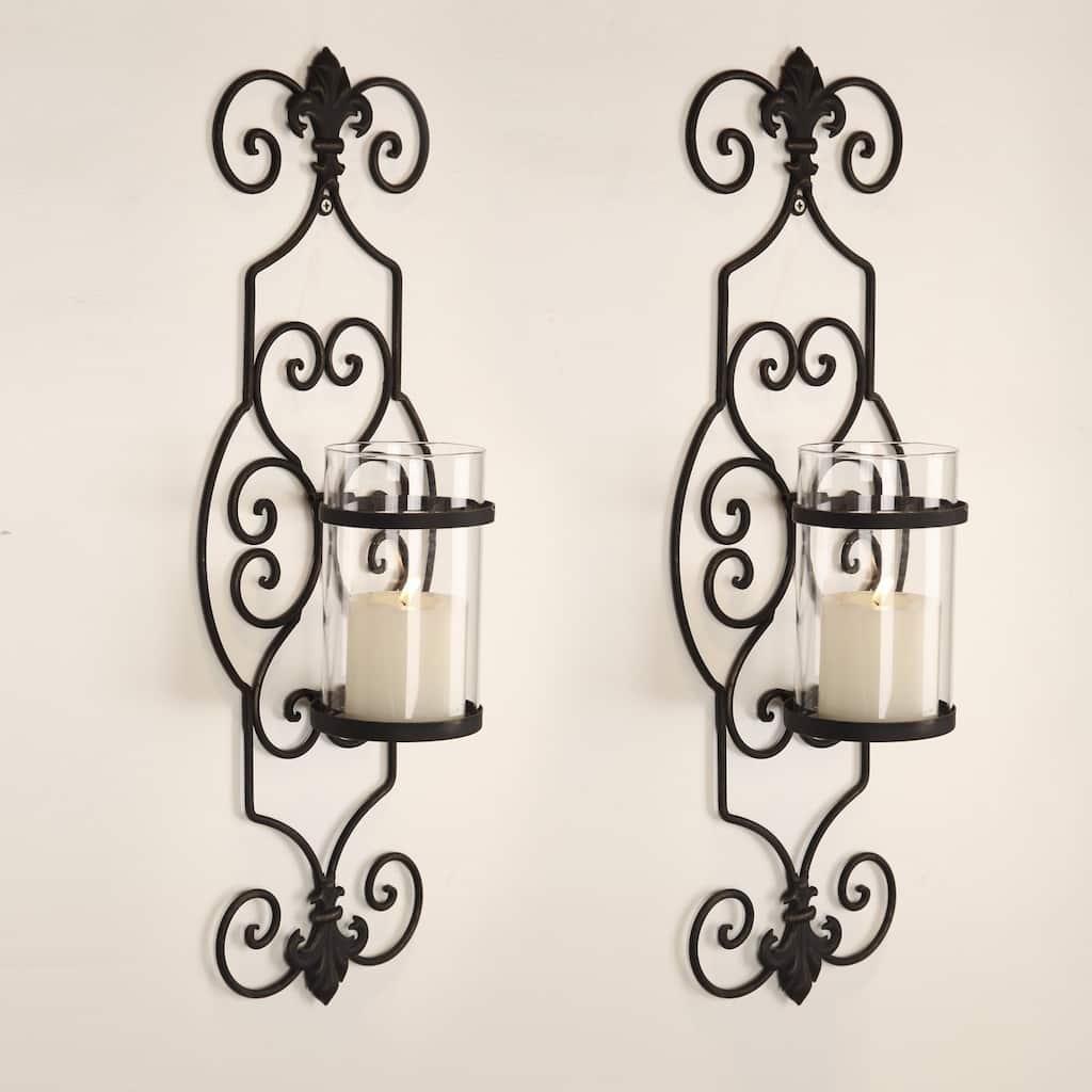 Adeco Iron and Glass Vertical Wall Hanging Candle Holder Sconce (Set of 2)