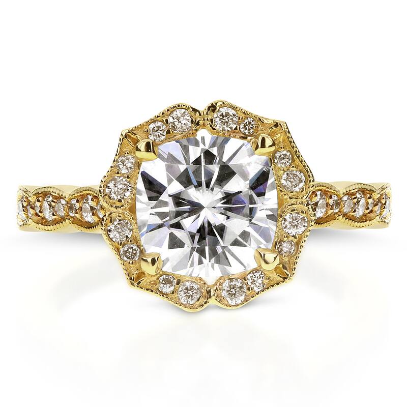 Annello by Kobelli 14k Yellow Gold 2ct TGW Cushion-cut Moissanite and Diamond Antique Floral Engageement Ring