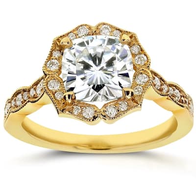Annello by Kobelli 14k Yellow Gold 2ct TGW Cushion-cut Moissanite and Diamond Antique Floral Engageement Ring