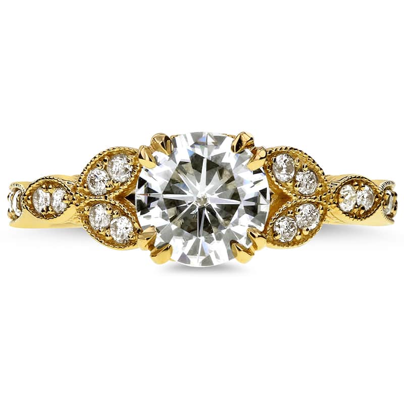 Annello by Kobelli 14k Yellow Gold 1 1/5ct TGW Round Moissanite and Diamond Antique Leafy Engagement Ring
