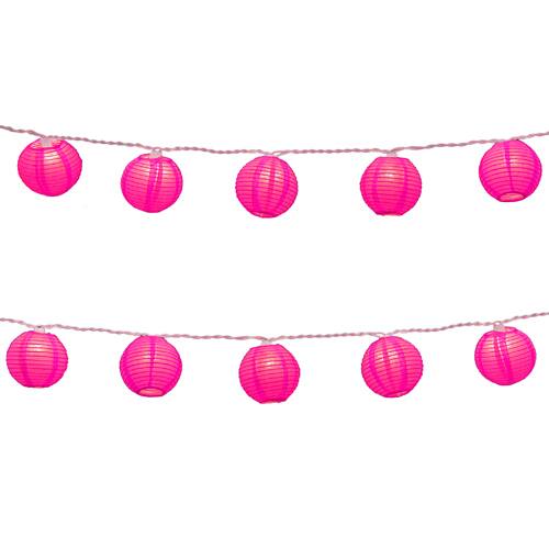 Electric String Lights with Round 3-inch Fuchsia Nylon Lanterns