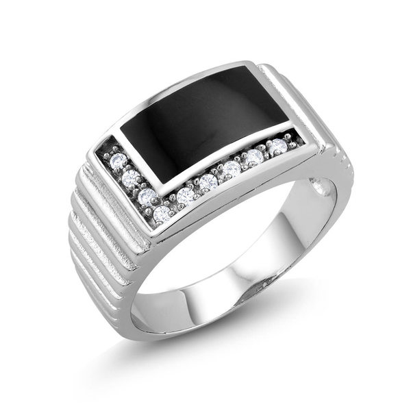 White Goldplated Mens L Style Onyx and Cubic Zirconia Square Ring