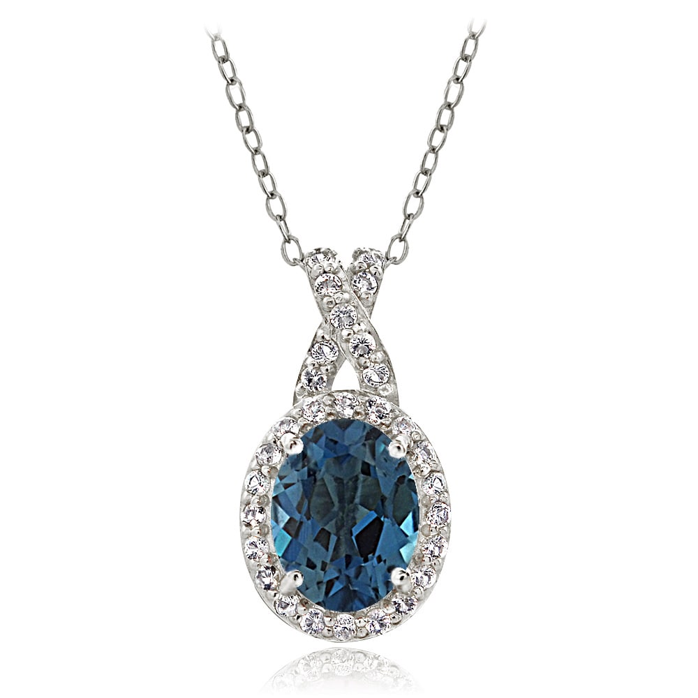 Glitzs Jewels Sterling Silver Simulated Blue Sapphire & White Topaz Oval X Necklace