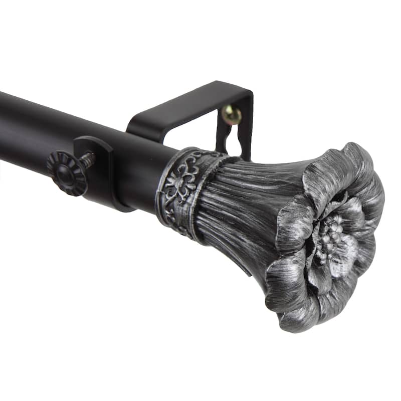 InStyleDesign Floweret 1 Inch Diameter Adjustable Curtain Rod - 28 to 48 inch - Black Finish - Black
