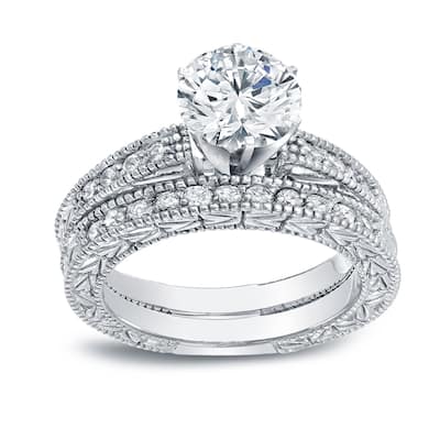 Auriya 14k Gold 1 1/2ctw Vintage Round Diamond Engagement Ring Set Certified