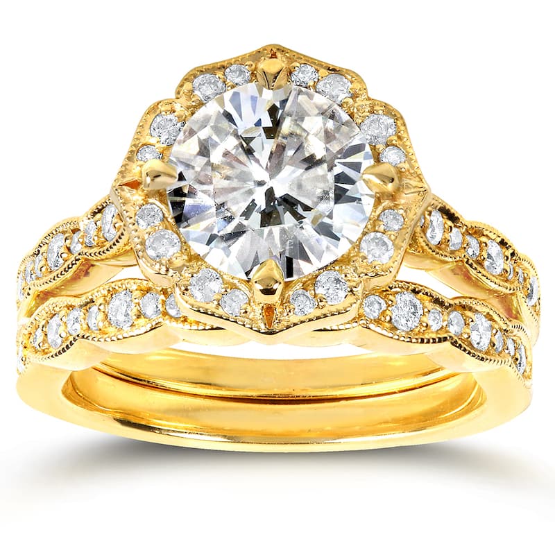 Annello by Kobelli 14k Yellow Gold 1 7/8ct TGW Moissanite and Diamond Floral Antique Bridal Rings Set (2pc Set) - 4