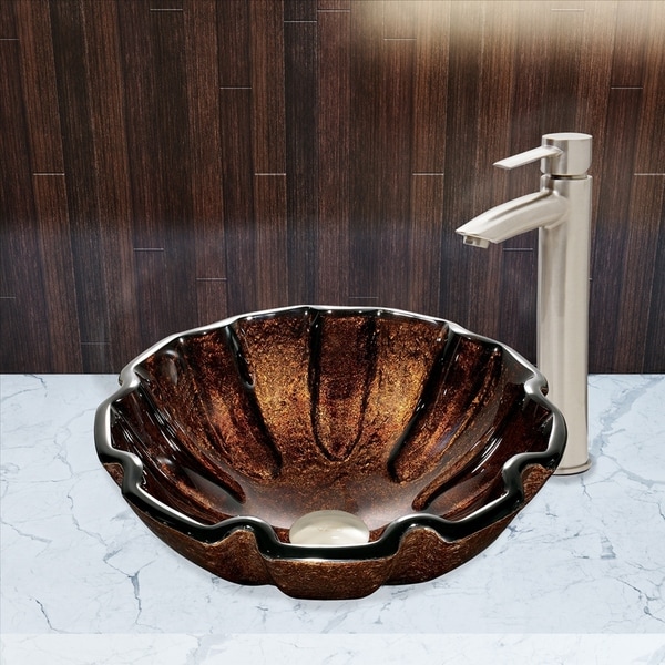 VIGO Walnut Shell Glass Vessel Bathroom Sink Set with Shadow Faucet