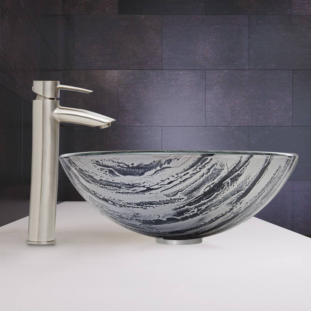 VIGO Rising Moon Glass Vessel Sink and Shadow Faucet Set in Brushed Nickel Finish - White