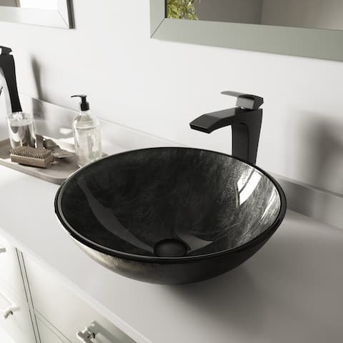 VIGO Grey Onyx Glass Vessel Bathroom Sink and Blackstonian Faucet Set
