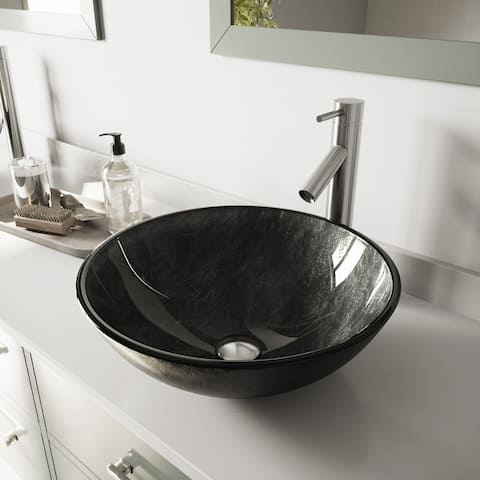 VIGO Gray Onyx Glass Vessel Bathroom Sink Set With Dior Vessel Faucet