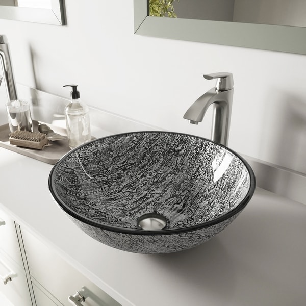 VIGO Titanium Glass Vessel Bathroom Sink Set with Linus Vessel Faucet