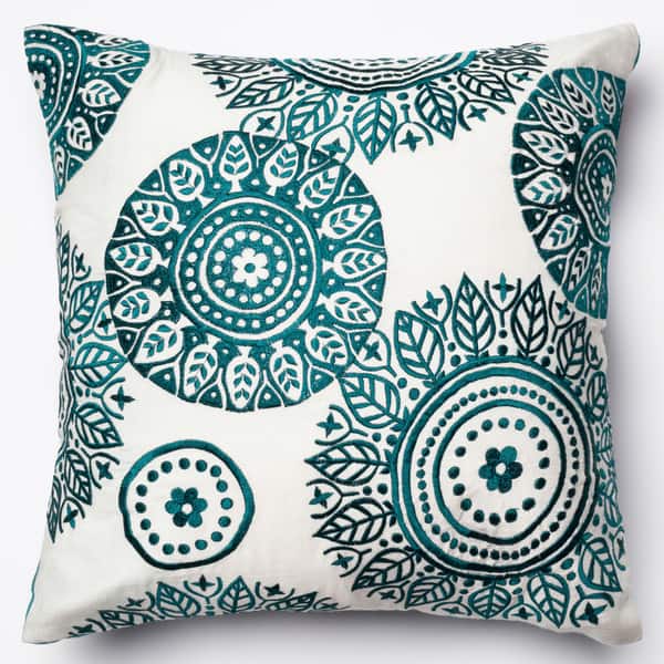 slide 1 of 1, Neva Ivory/Teal Embroidered 18-inch Throw Pillow or Pillow Cover