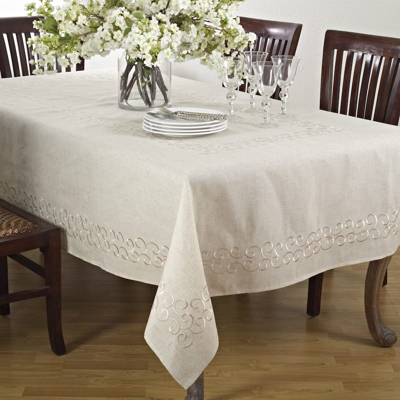 Embroidered Swirl Design Linen Blend Tablecloth - 67" x 104" - Rectangle - Natural