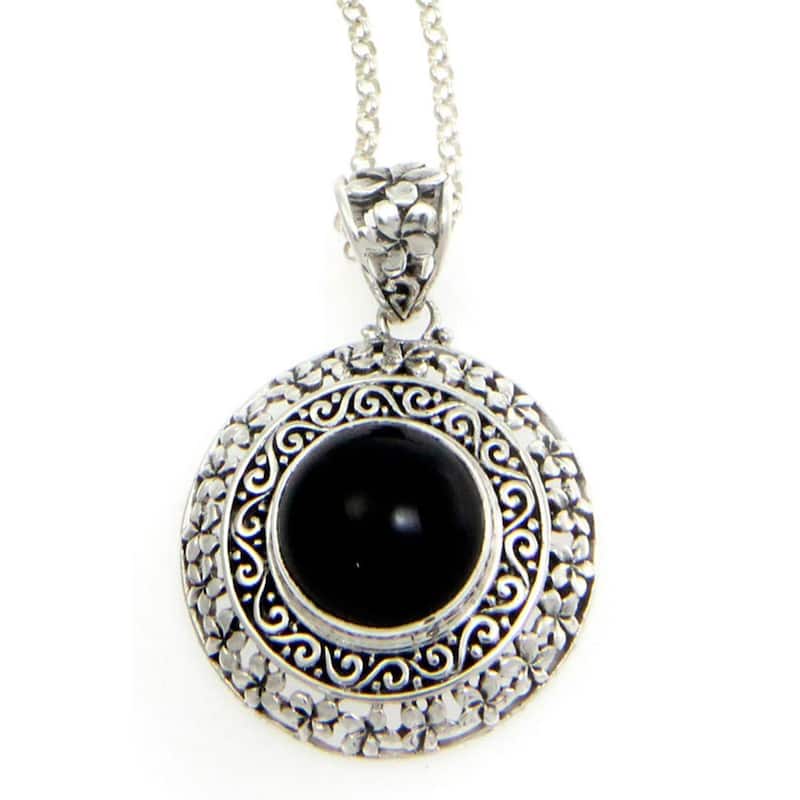 Handmade Sterling Silver 'Frangipani Secrets' Onyx Necklace (Indonesia)