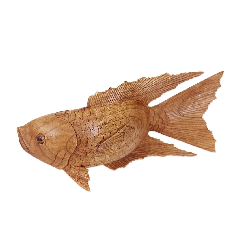 Handmade Suar Wood Goldfish Sculpture (Indonesia)
