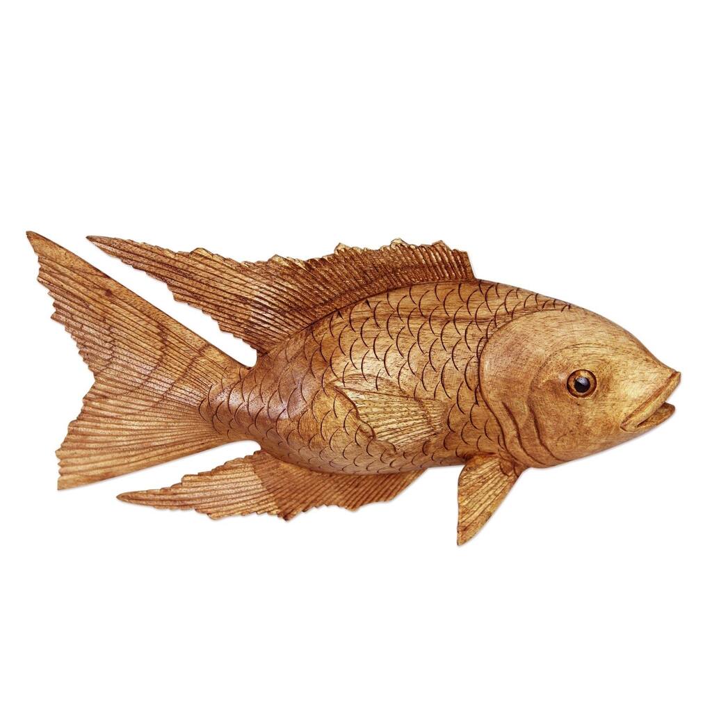 Handmade Suar Wood Goldfish Sculpture (Indonesia)