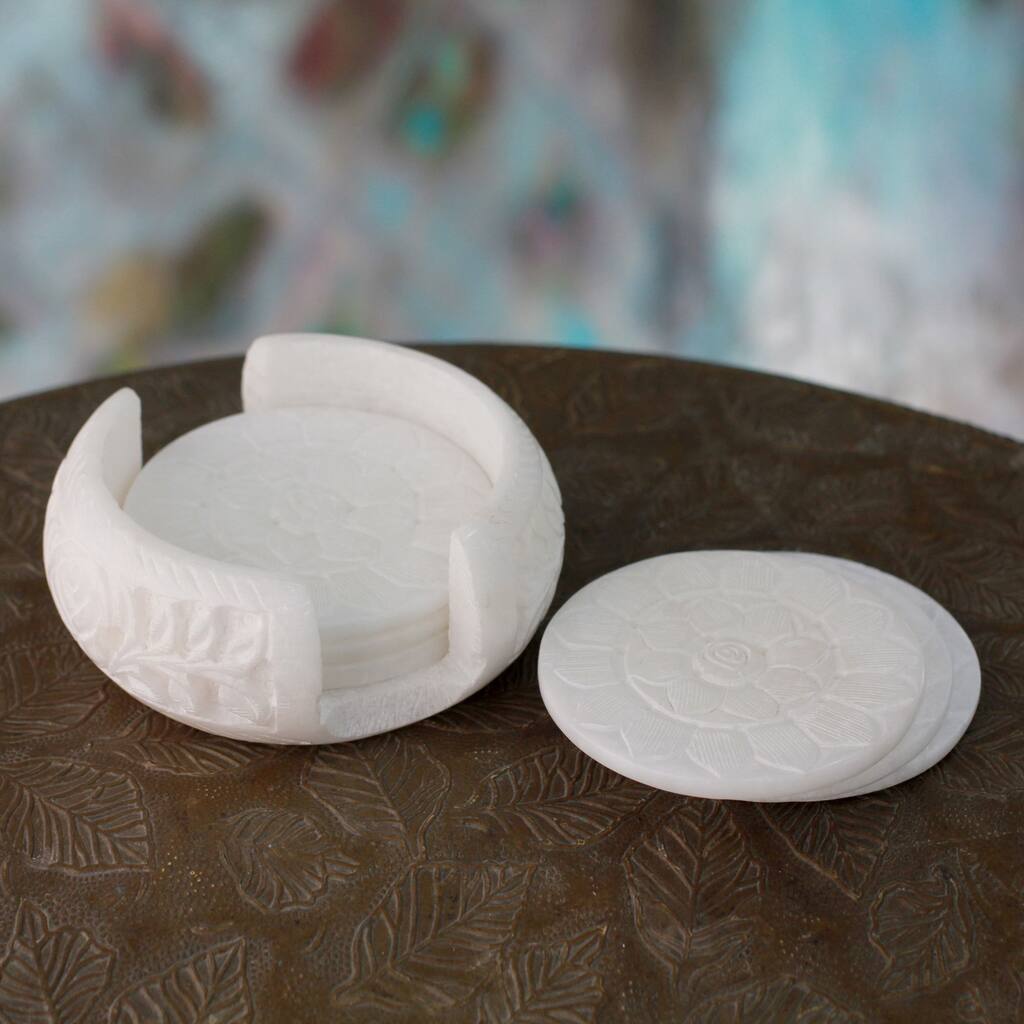 Handmade Set of 6 Marble 'Peaceful Blossom' Coaster Set (India)