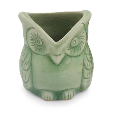 Handmade Ceramic 'Happy Green Owl' Celadon Toothpick Holder (Thailand)