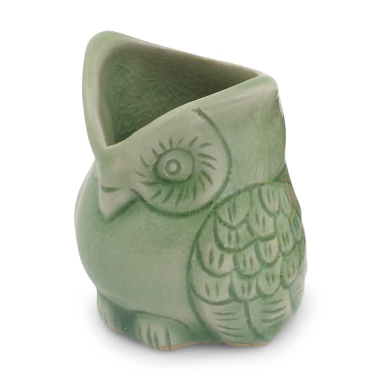 Handmade Ceramic 'Happy Green Owl' Celadon Toothpick Holder (Thailand)