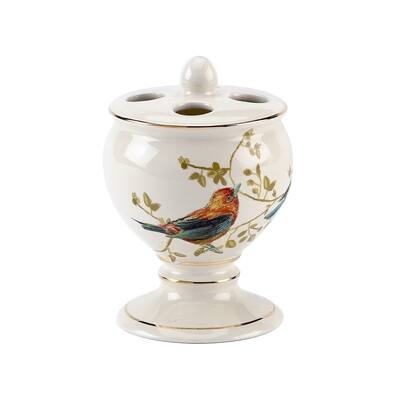 Gilded Birds Multi-colored Ceramic Toothbrush Holder - Off-White/Multi