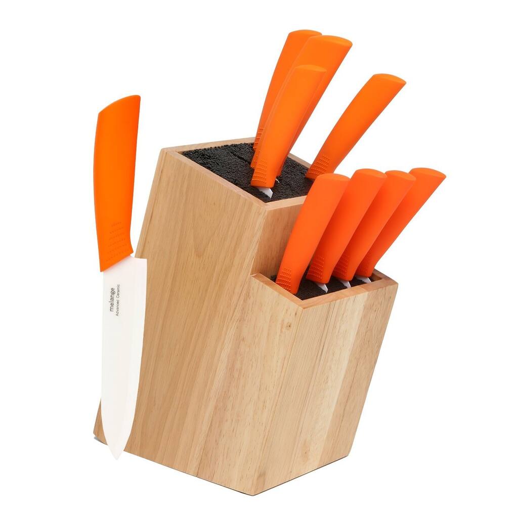 Melange 10-piece Orange Ceramic Knife Set with 2-tier Wood Universal Knife Block
