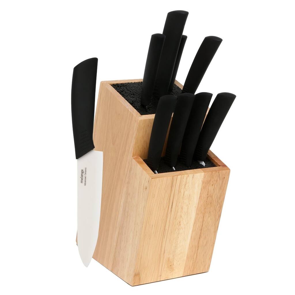 Melange 10-piece Black Ceramic Knife Set with 2-tier Wood Universal Knife Block