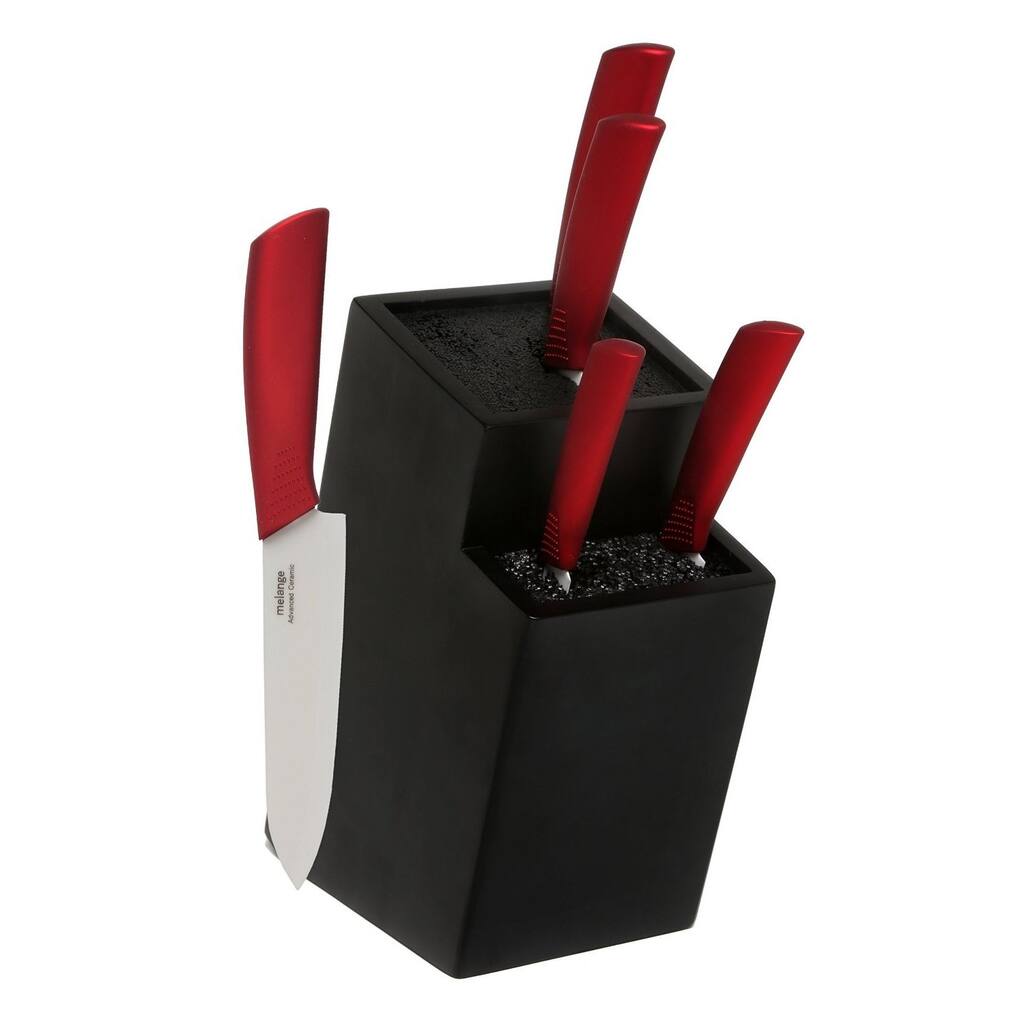 Melange 6-piece Metallic Red Ceramic Knife Set with 2-tier Black Wood Universal Knife Block