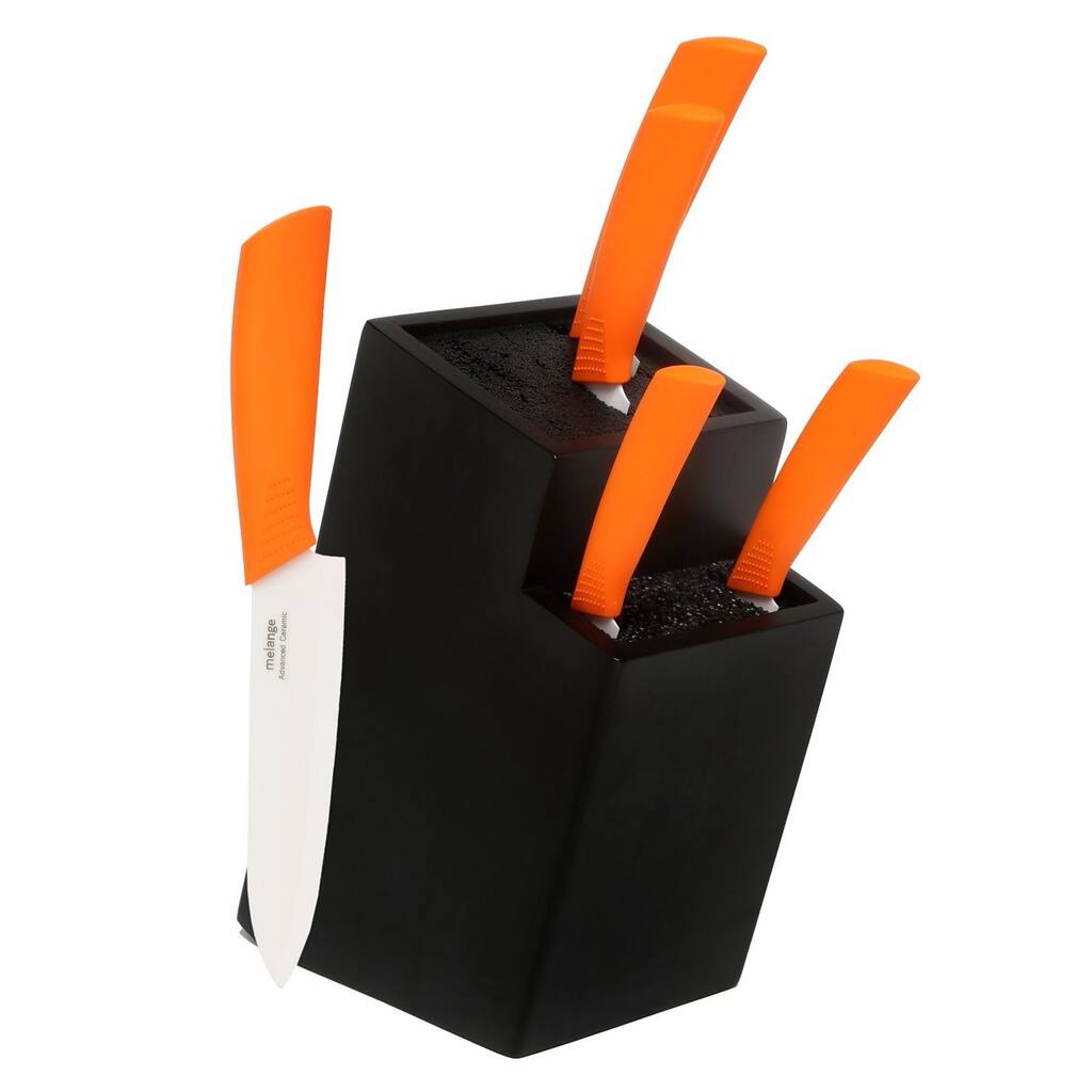 Melange 6-piece Orange Ceramic Knife Set with 2-tier Black Wood Universal Knife Block