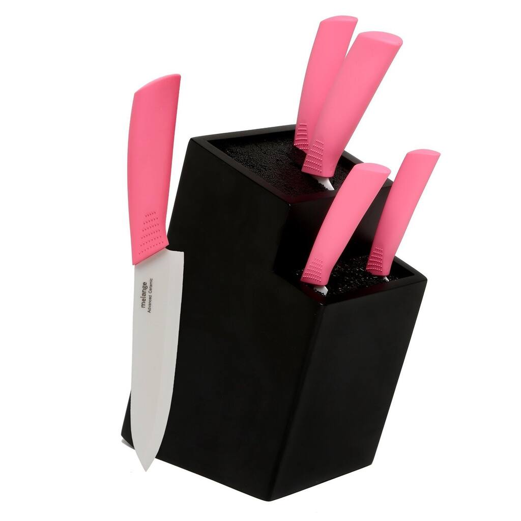 Melange 6-piece Pink Ceramic Knife Set with 2-tier Black Wood Universal Knife Block