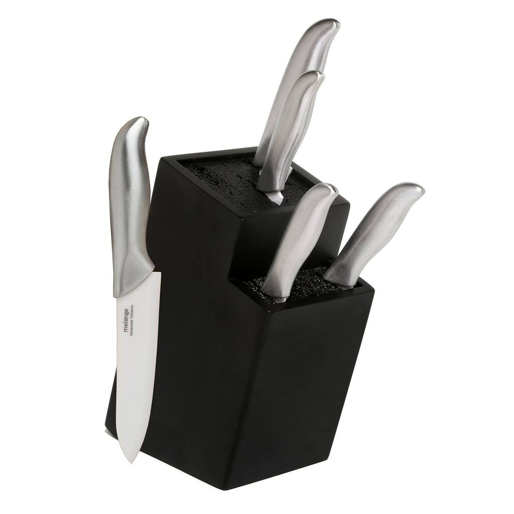Melange 6-piece Steel Ceramic Knife Set with 2-tier Black Wood Universal Knife Block