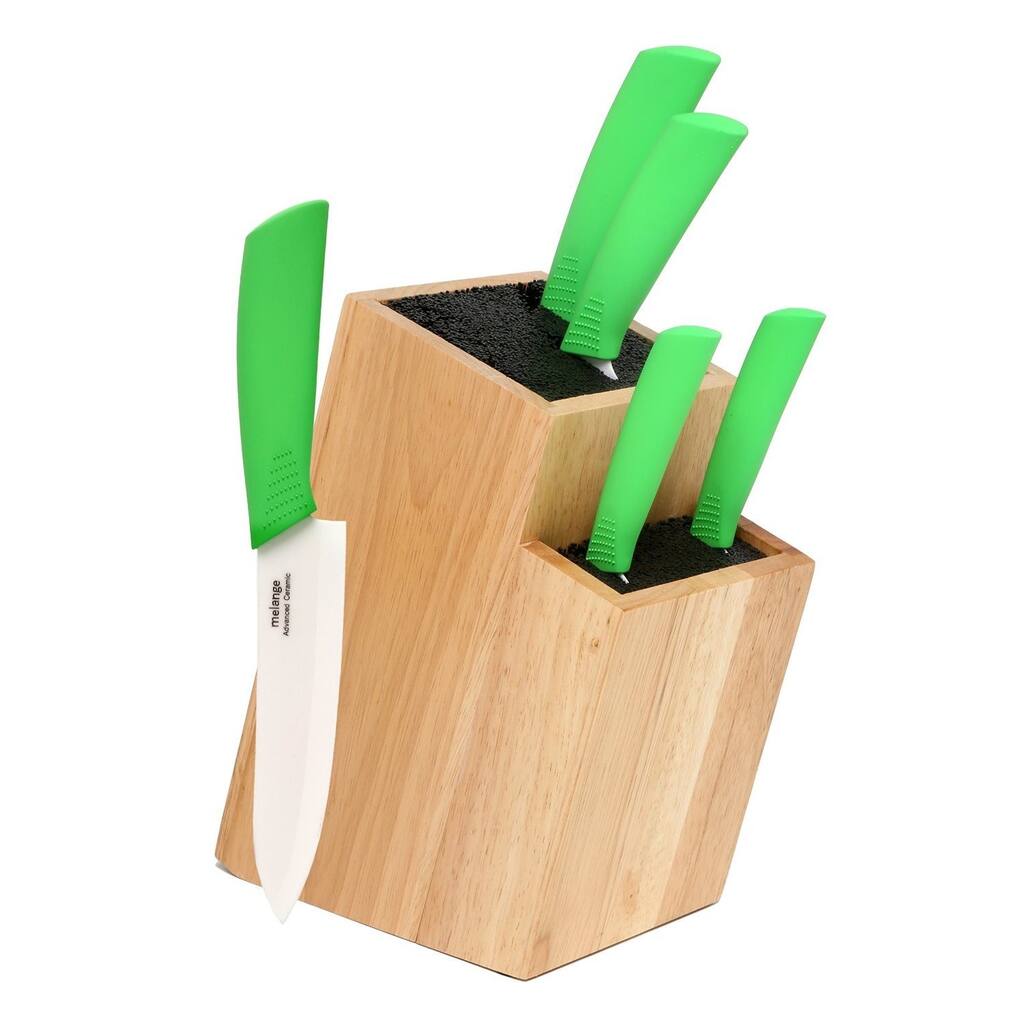 Melange 6-piece Lime Ceramic Knife Set with 2-tier Wood Universal Knife Block