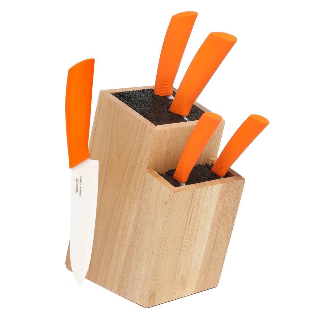 Melange 6-piece Orange Ceramic Knife Set with 2-tier Wood Universal Knife Block