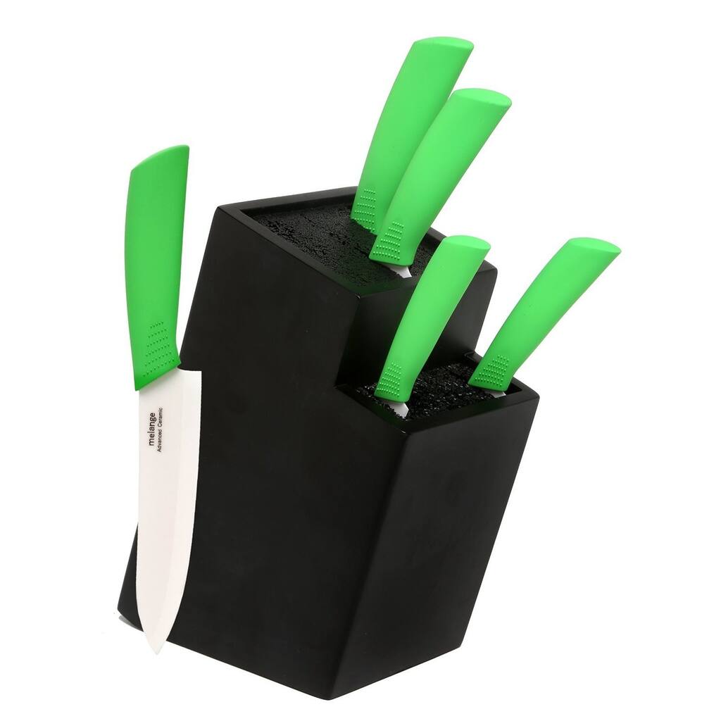 Melange 6-piece Lime Ceramic Knife Set with 2-tier Black Wood Universal Knife Block