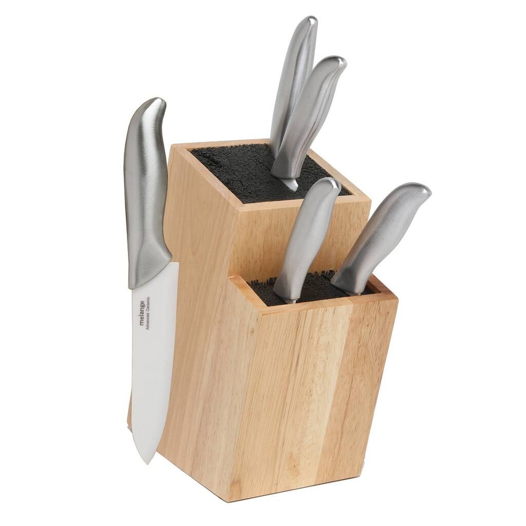 Melange 6-piece Steel Ceramic Knife Set with 2-tier Wood Universal Knife Block