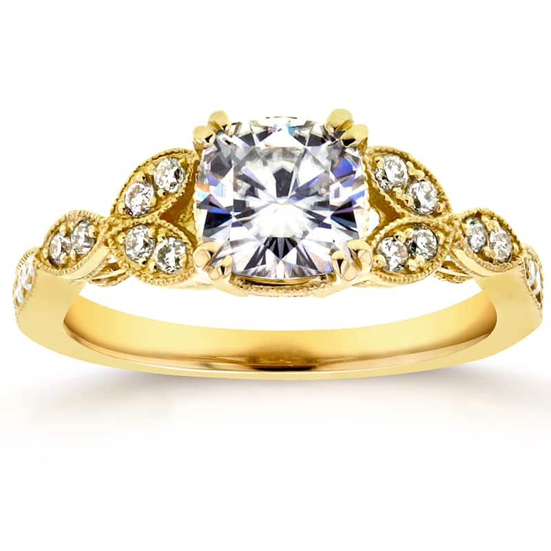 Annello by Kobelli 14k Yellow Gold 1 1/3ct TGW Cushion-cut Moissanite and Diamond Vintage Floral Engagement Ring