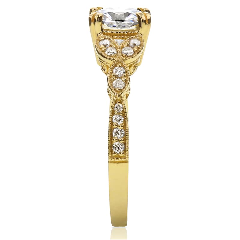 Annello by Kobelli 14k Yellow Gold 1 1/3ct TGW Cushion-cut Moissanite and Diamond Vintage Floral Engagement Ring