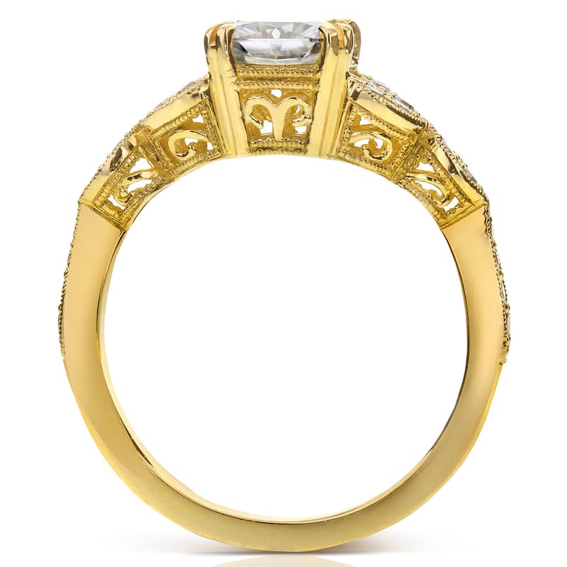 Annello by Kobelli 14k Yellow Gold 1 1/3ct TGW Cushion-cut Moissanite and Diamond Vintage Floral Engagement Ring