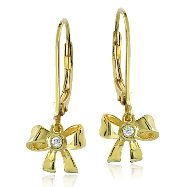 ICZ Stonez 18k Gold over Silver Cubic Zirconia Ribbon Bow Children's Leverback Earrings. Opens flyout.