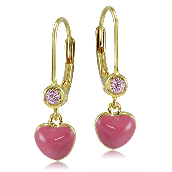 ICZ Stonez 18k Gold over Silver Enamel and Pink Cubic Zirconia Dangling Heart Children's Leverback Earrings