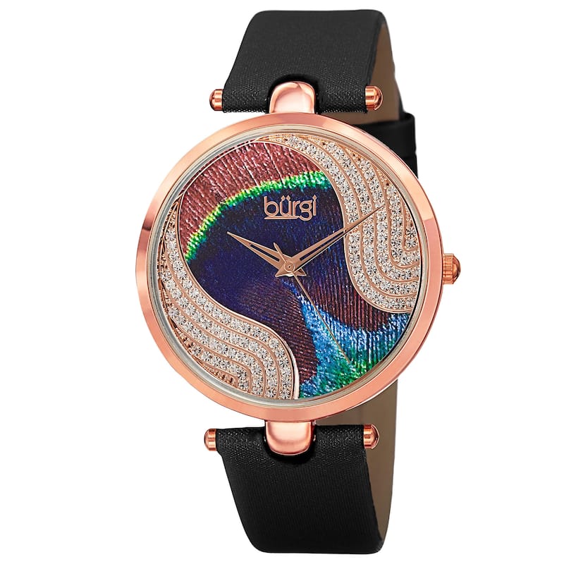 Burgi Women's Crystal Peacock Feather Leather Strap Watch